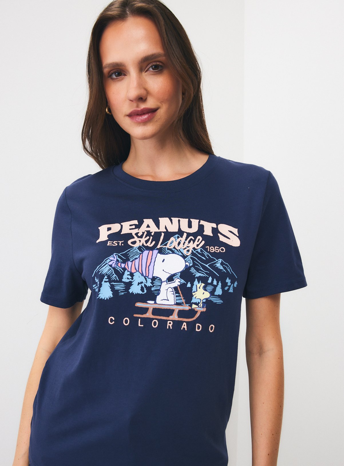 Navy Peanuts Snoopy Ski Lodge Christmas T-Shirt 6 - Image 1 thumbnail