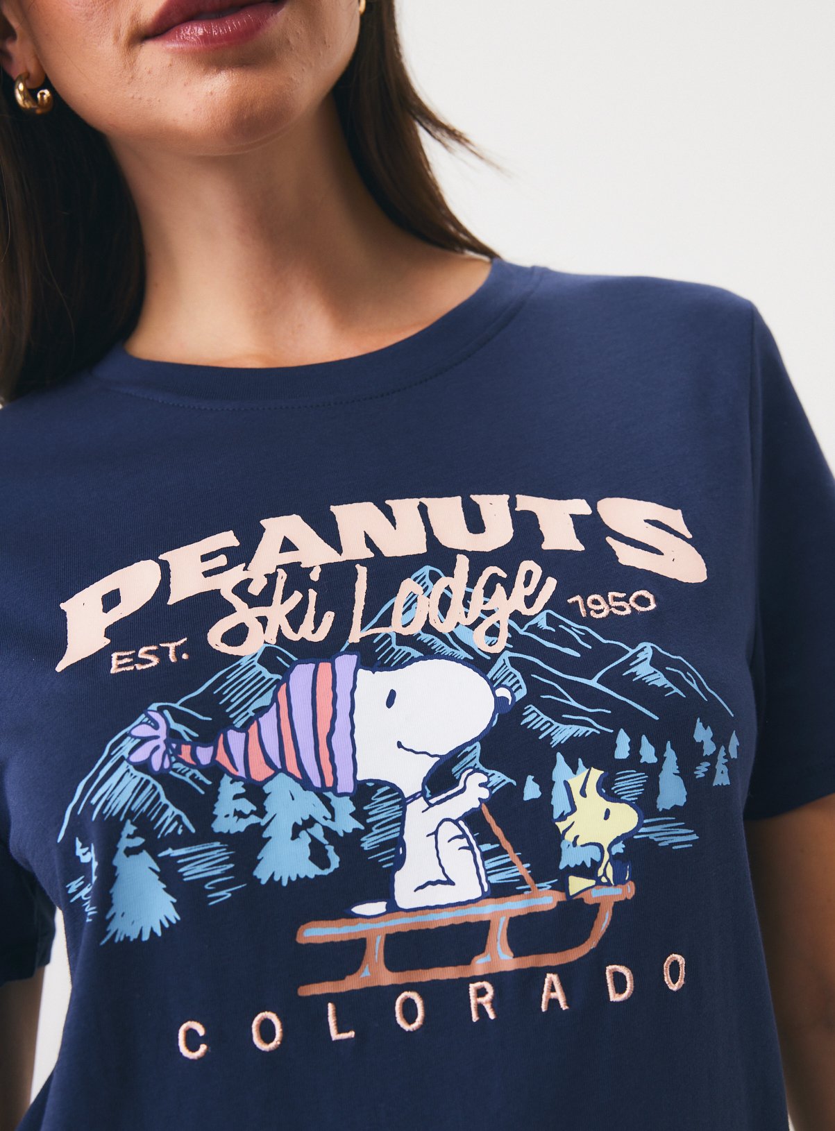 Navy Peanuts Snoopy Ski Lodge Christmas T-Shirt 6 - Image 3 thumbnail