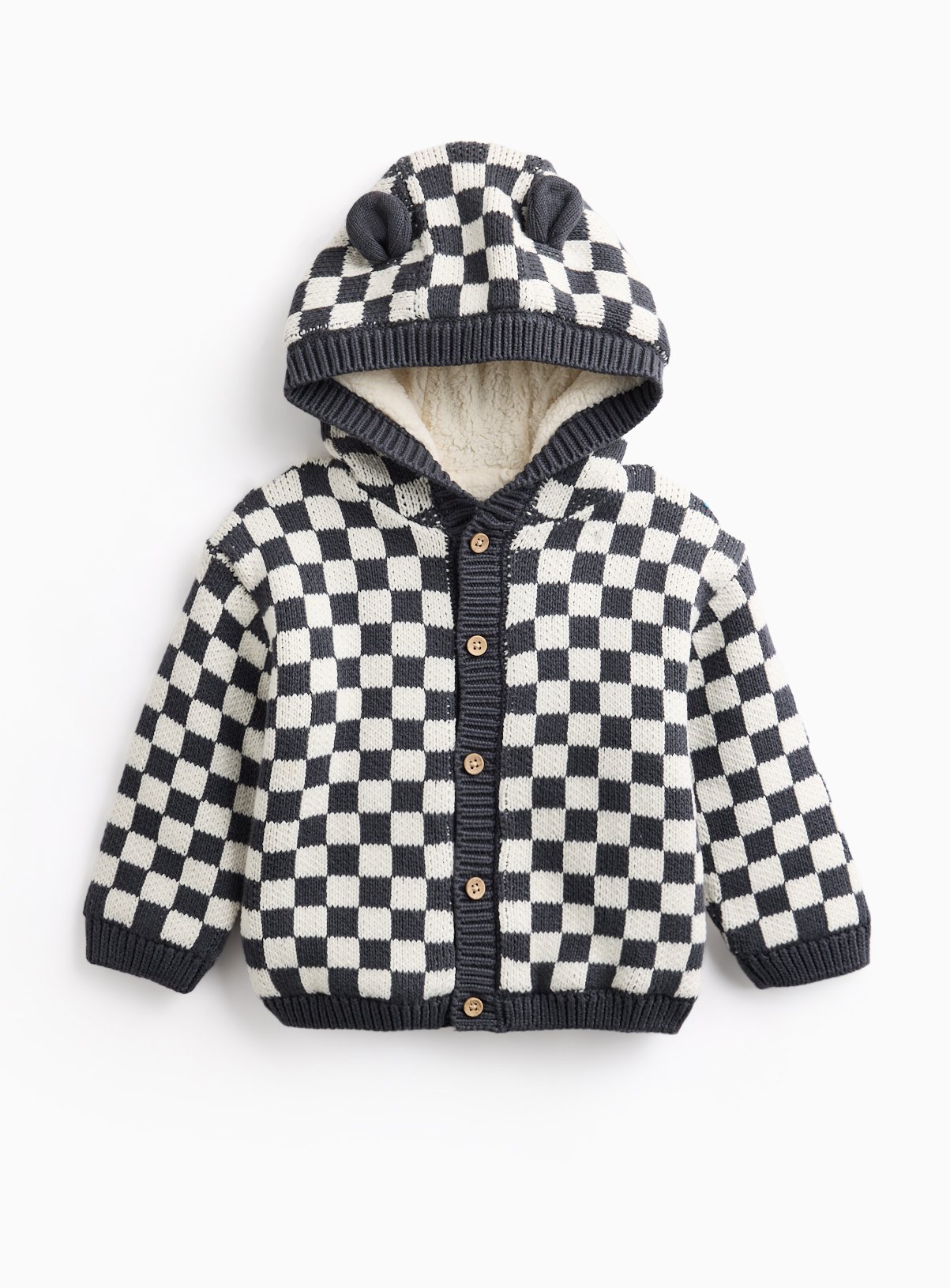 Black & White Checkerboard Borg-Lined Hooded Cardigan 6-9 months - Image 1 thumbnail