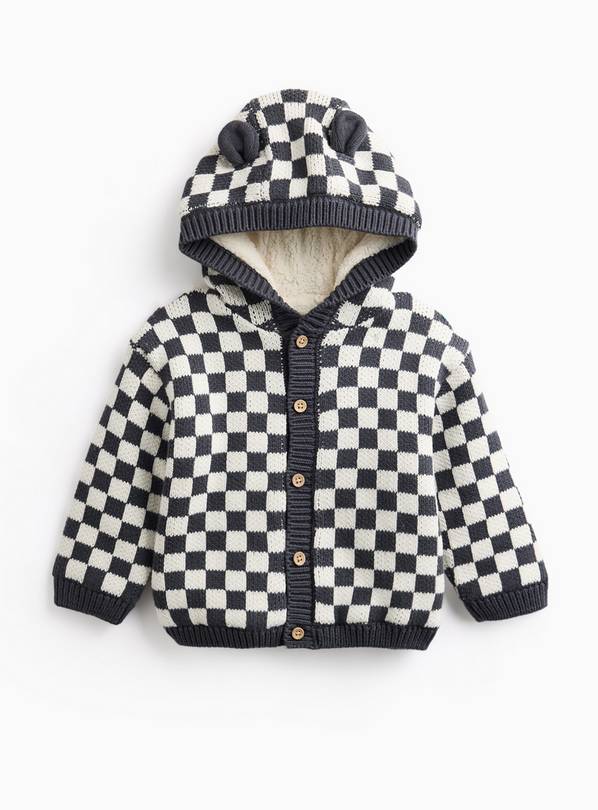 Black & White Checkerboard Borg-Lined Hooded Cardigan 6-9 months