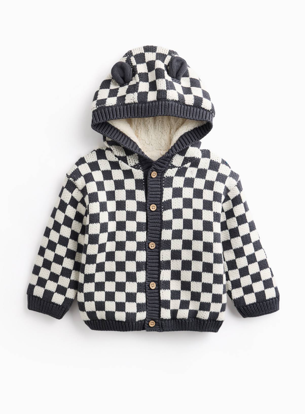 Black & White Checkerboard Borg-Lined Hooded Cardigan 6-9 months - Image 1