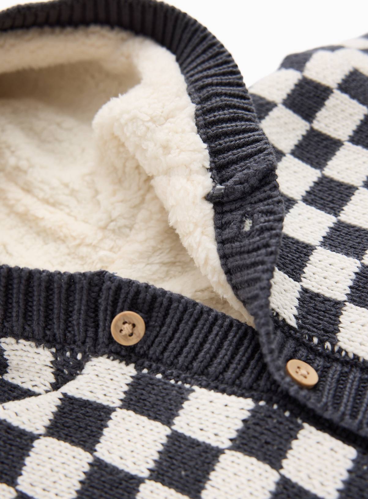 Black & White Checkerboard Borg-Lined Hooded Cardigan 6-9 months - Image 2