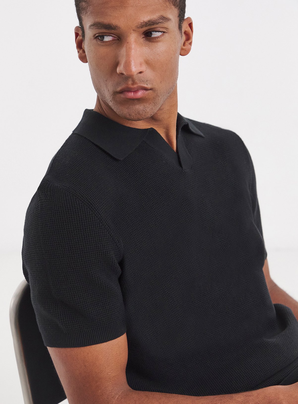 JACAMO Open Neck Knitted Textured Polo Black L - Image 3 thumbnail