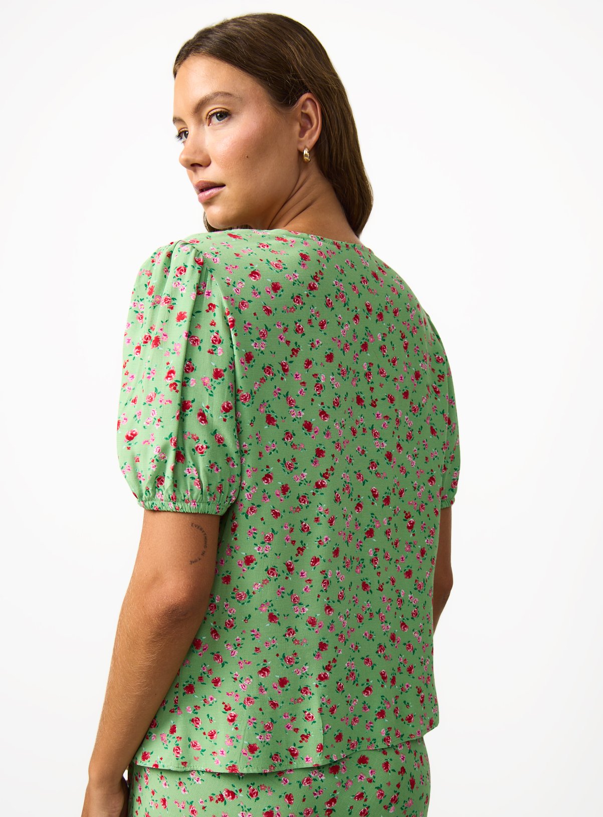 Green Floral Print Ruffle Detail Tea Top 8 - Image 4 thumbnail