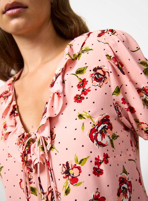 Pink Floral Print Ruffle Detail Tea Top 10