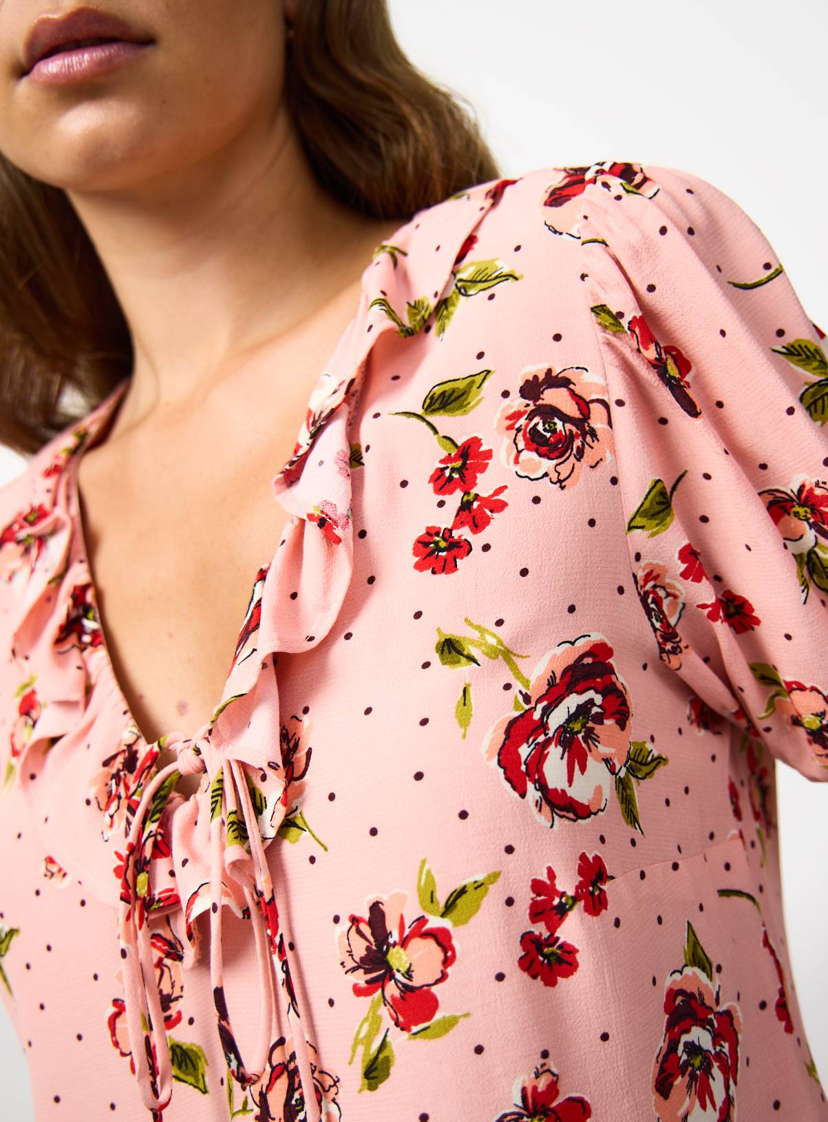 Pink Floral Print Ruffle Detail Tea Top 10 - Image 1