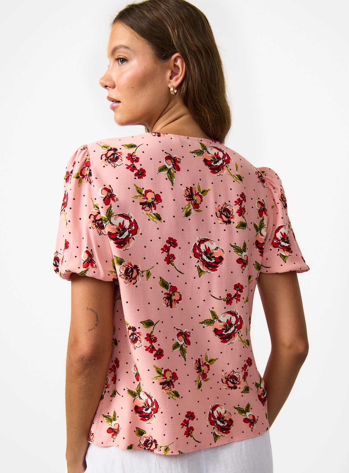 Pink Floral Print Ruffle Detail Tea Top 10 - Image 4 thumbnail