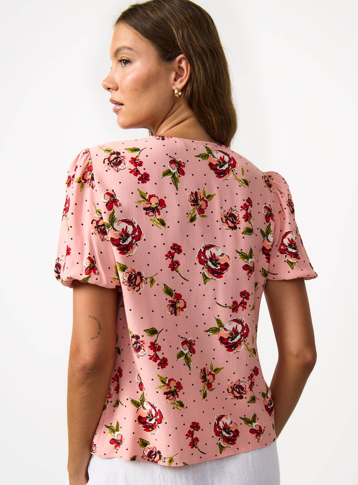 Pink Floral Print Ruffle Detail Tea Top 10 - Image 4
