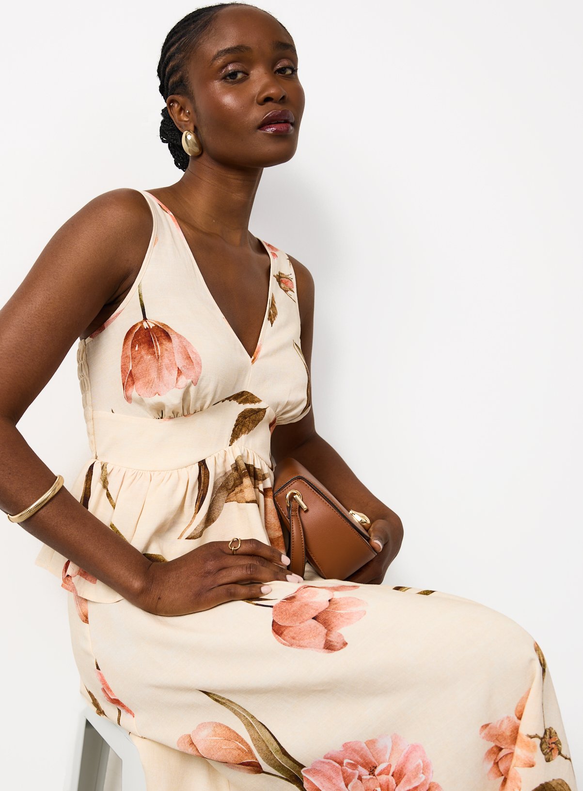 Cream Floral Print V Neck Midaxi Dress 6 - Image 3 thumbnail