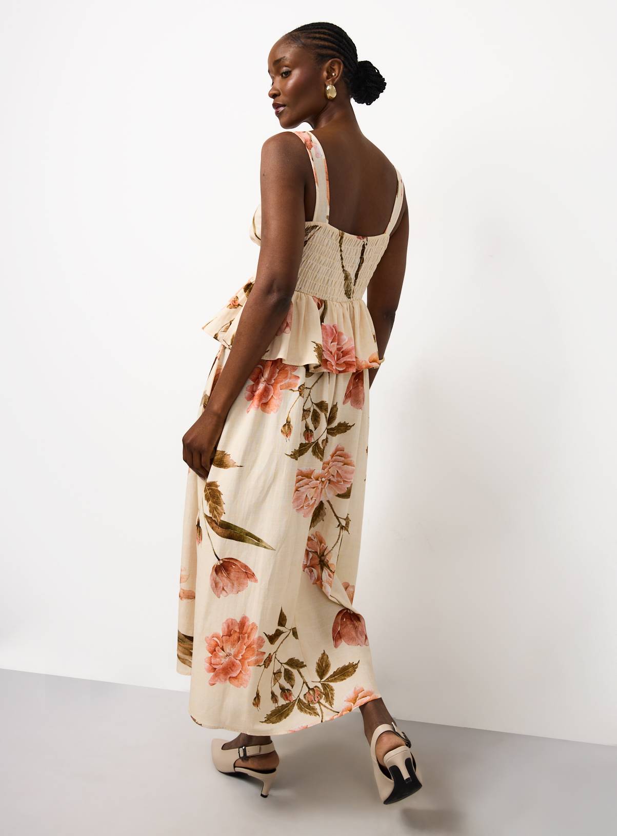 Cream Floral Print V Neck Midaxi Dress 6 - Image 4