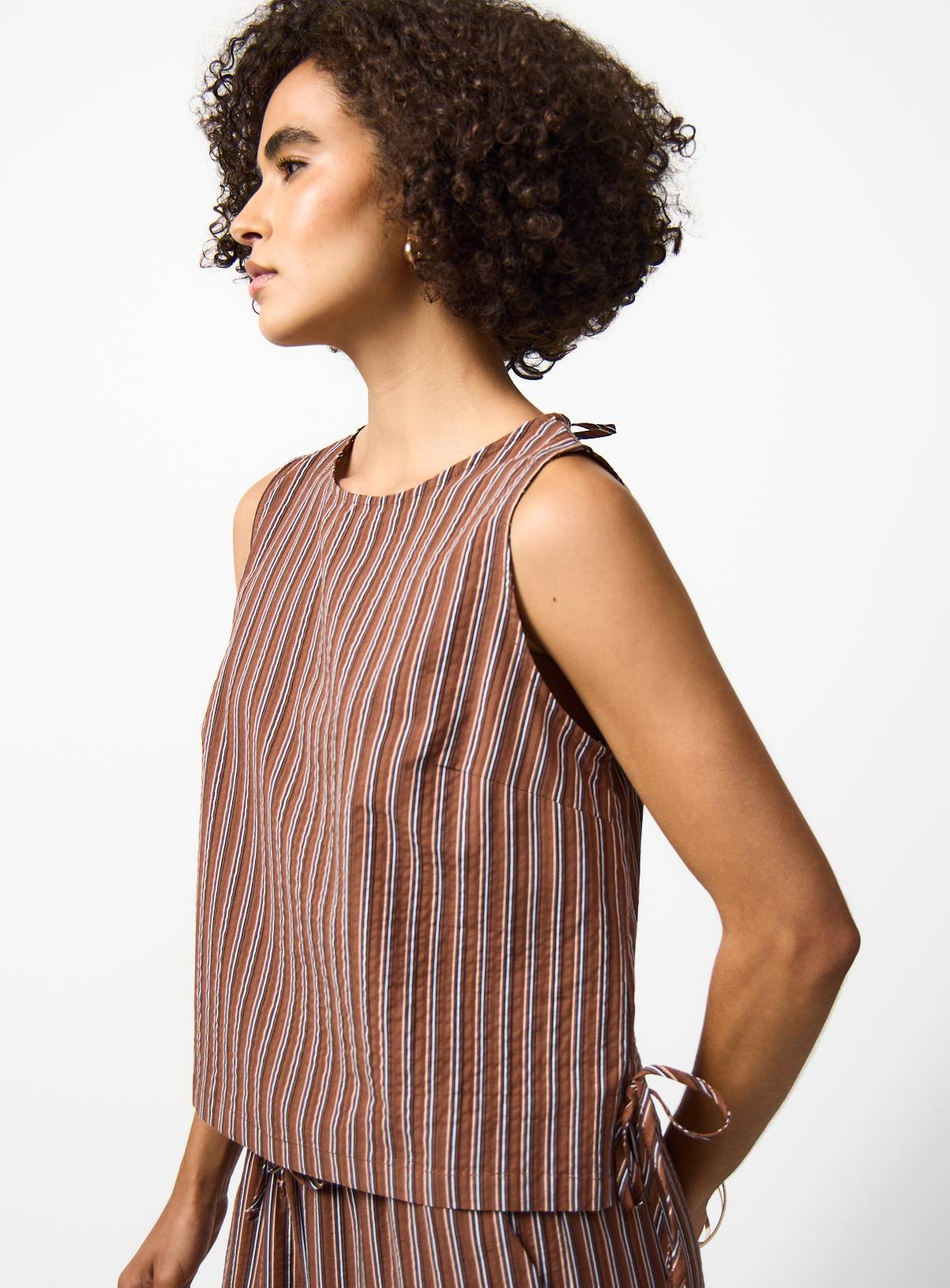 Brown Stripe Cotton Sleeveless Tie Side Shell Top Co-ord 14 - Image 1