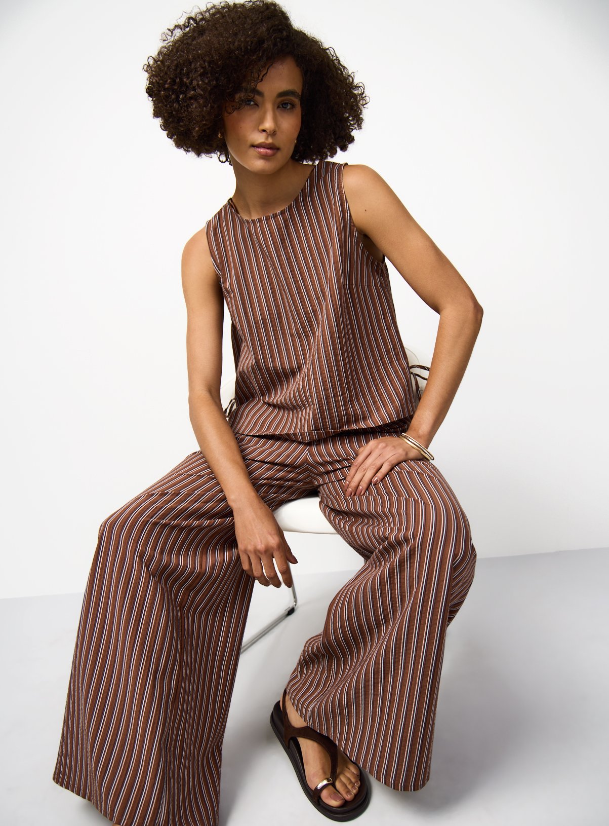 Brown Stripe Cotton Sleeveless Tie Side Shell Top Co-ord 14 - Image 2 thumbnail