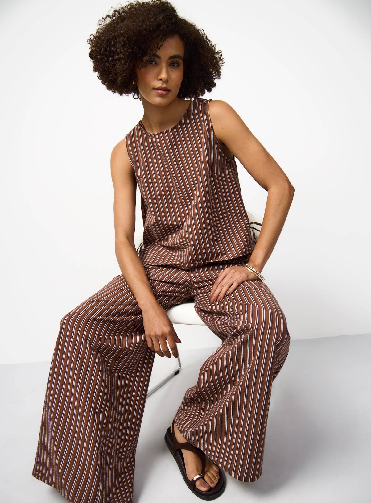 Brown Stripe Cotton Sleeveless Tie Side Shell Top Co-ord 14 - Image 2