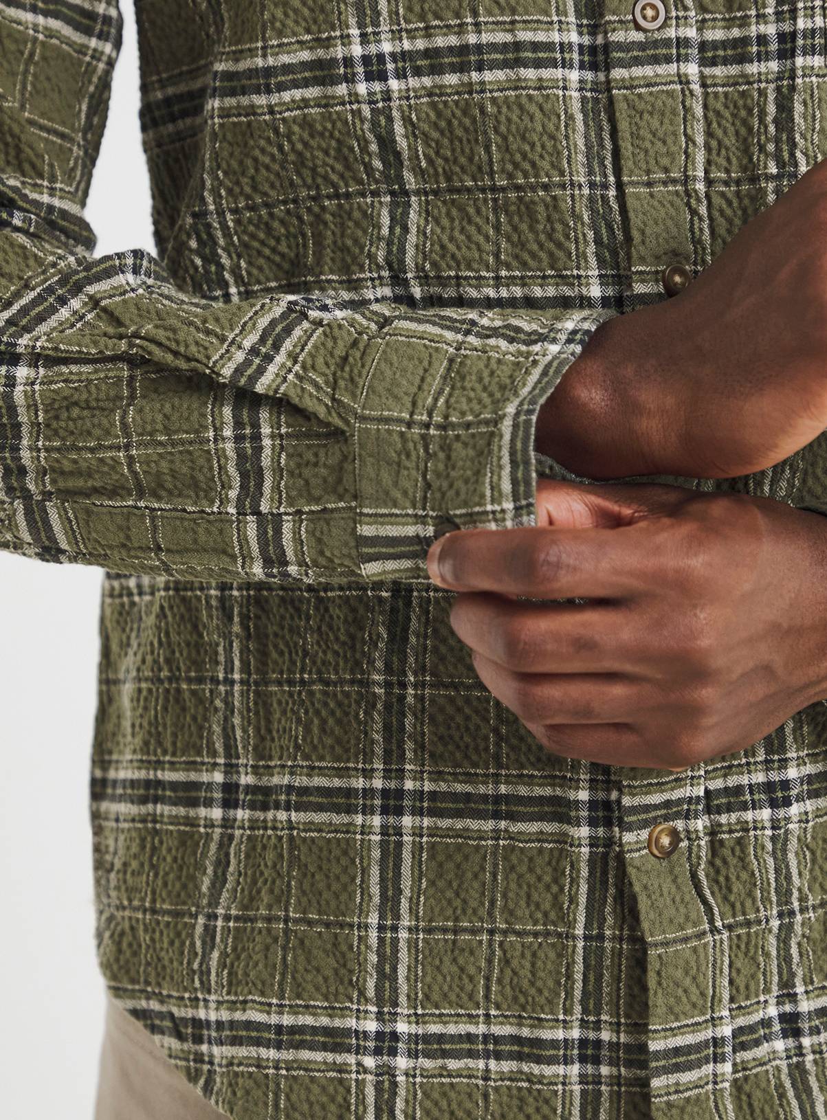 JACAMO Seersucker Check Long Sleeve Shirt Khaki 5XL - Image 4
