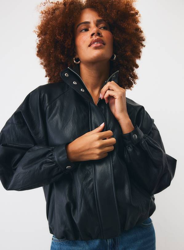 Black PU Batwing Funnel Neck Bomber Jacket XL