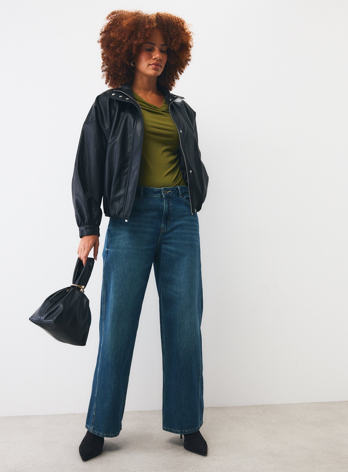 Black PU Batwing Funnel Neck Bomber Jacket S - Image 2 thumbnail