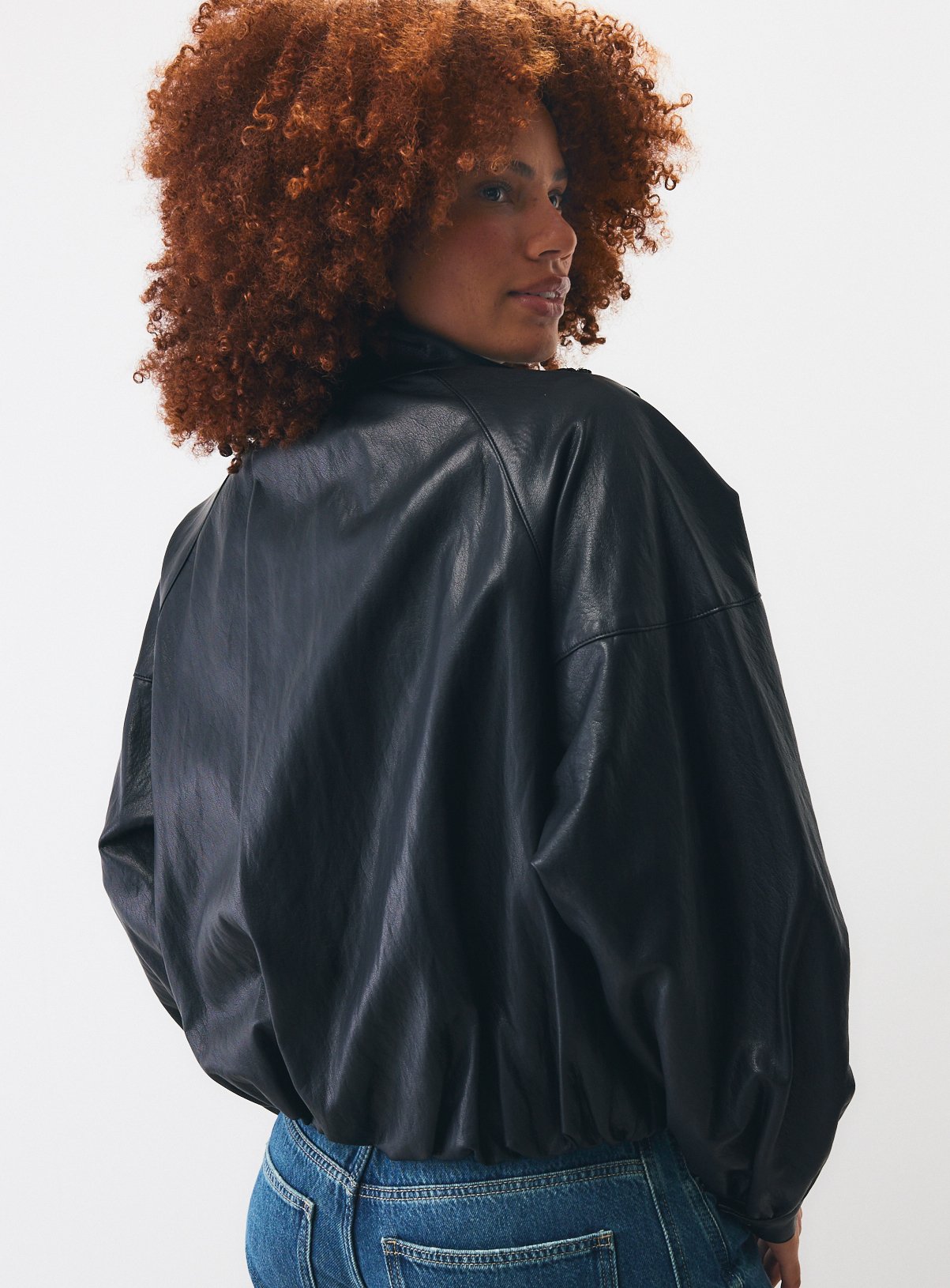 Black PU Batwing Funnel Neck Bomber Jacket S - Image 4 thumbnail