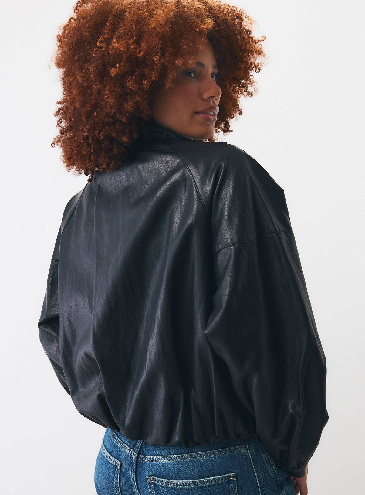 Black PU Batwing Funnel Neck Bomber Jacket S - Image 4