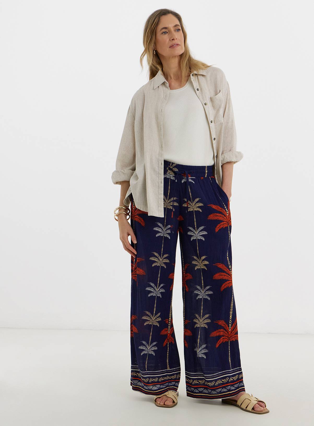 JD WILLIAMS Viscose Crinkle Pull On Wide Leg Trouser Navy 26 - Image 3