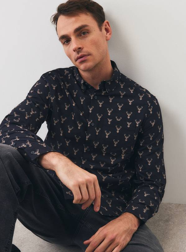 Navy Stag Printed Oxford Shirt M