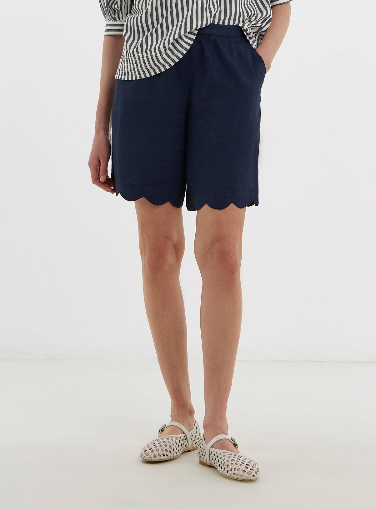 JD WILLIAMS Scallop Edge Linen Mix Short Navy 30 - Image 1