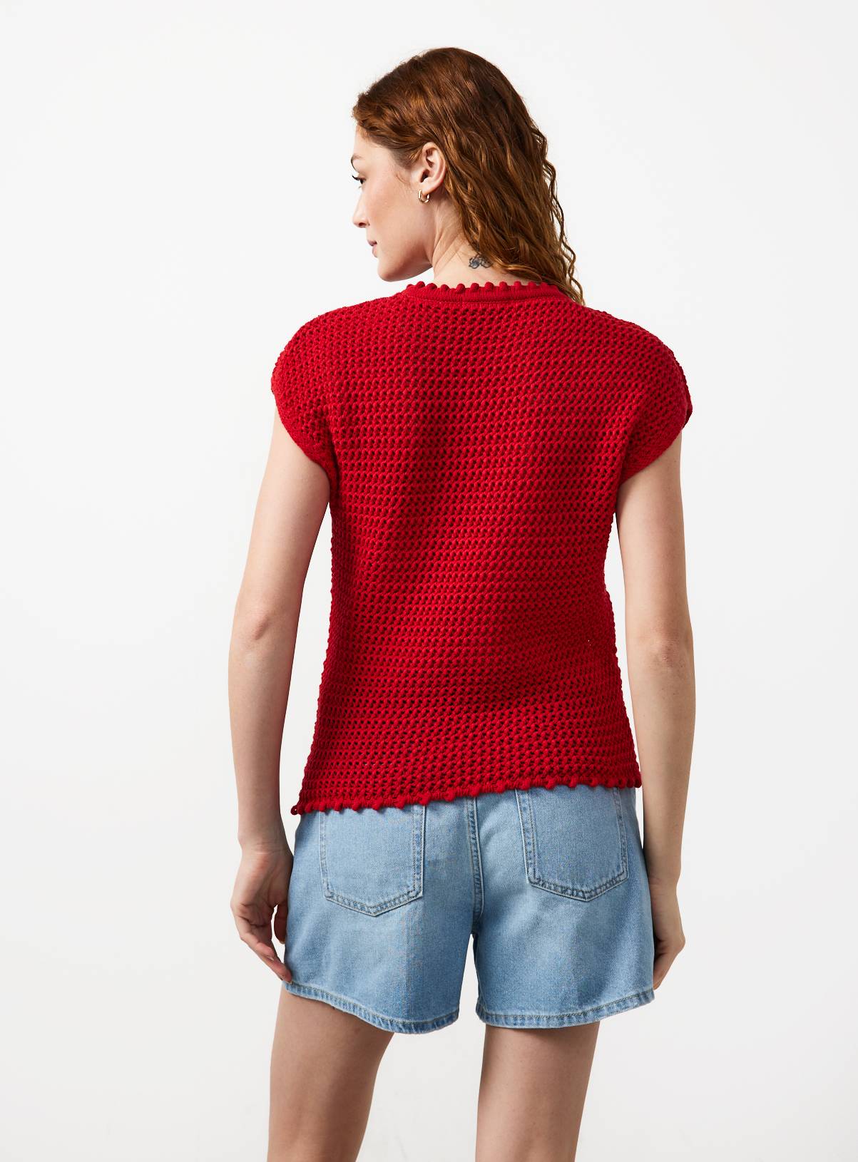 Red Flower Applique Detail Knitted Tank Top L - Image 4