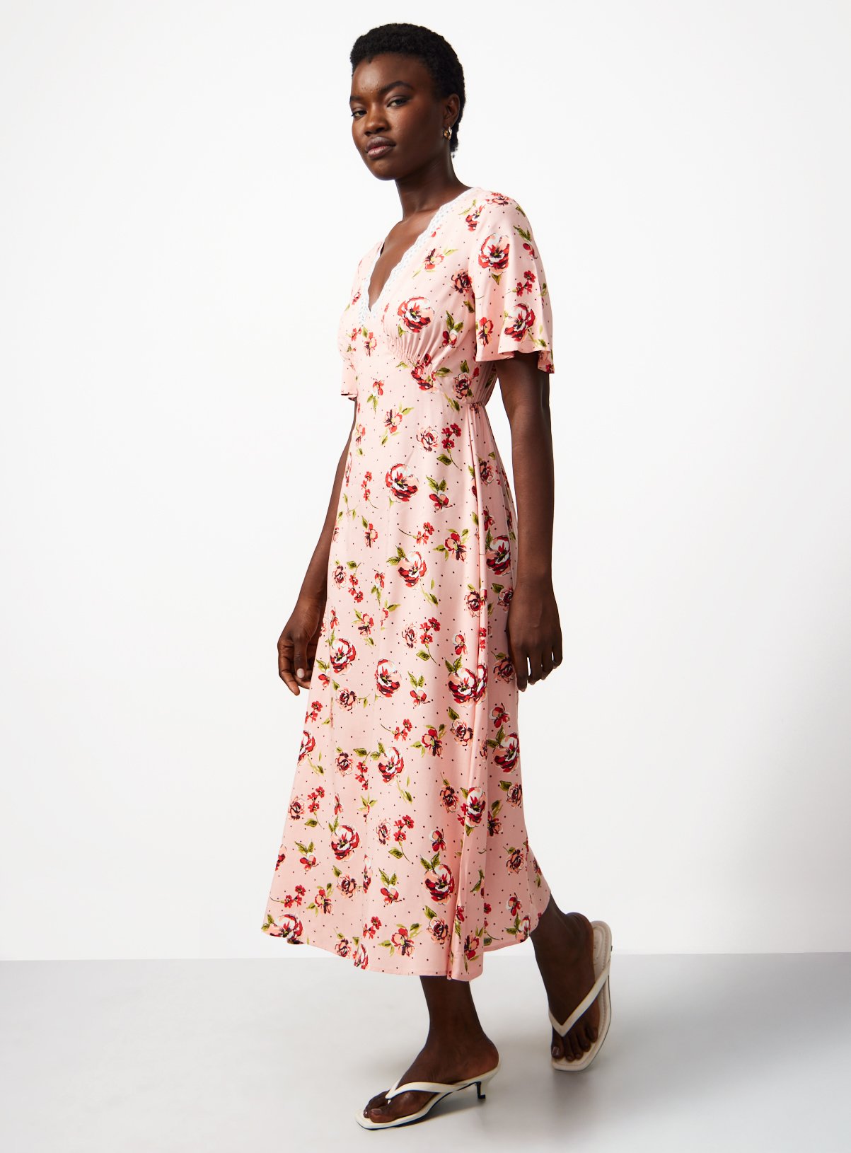 Pink Floral Viscose Midi Tea Dress with Lace Trim 22 - Image 1 thumbnail