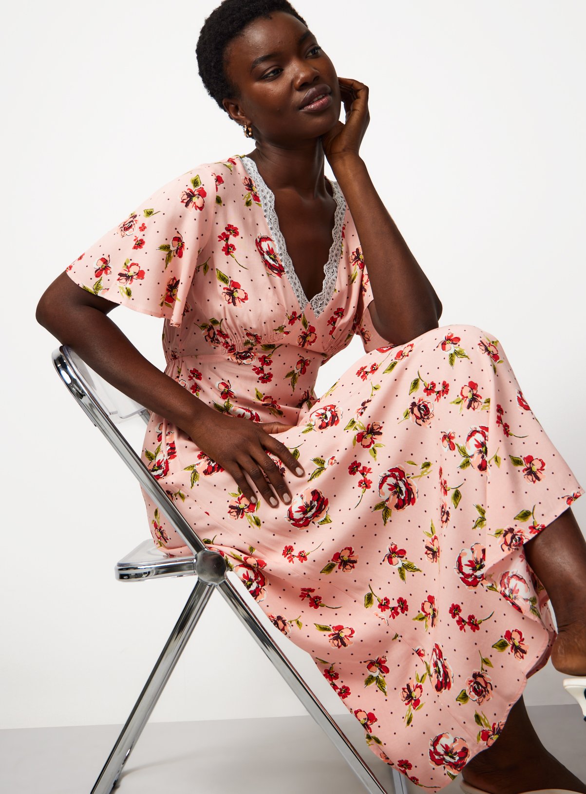 Pink Floral Viscose Midi Tea Dress with Lace Trim 22 - Image 2 thumbnail