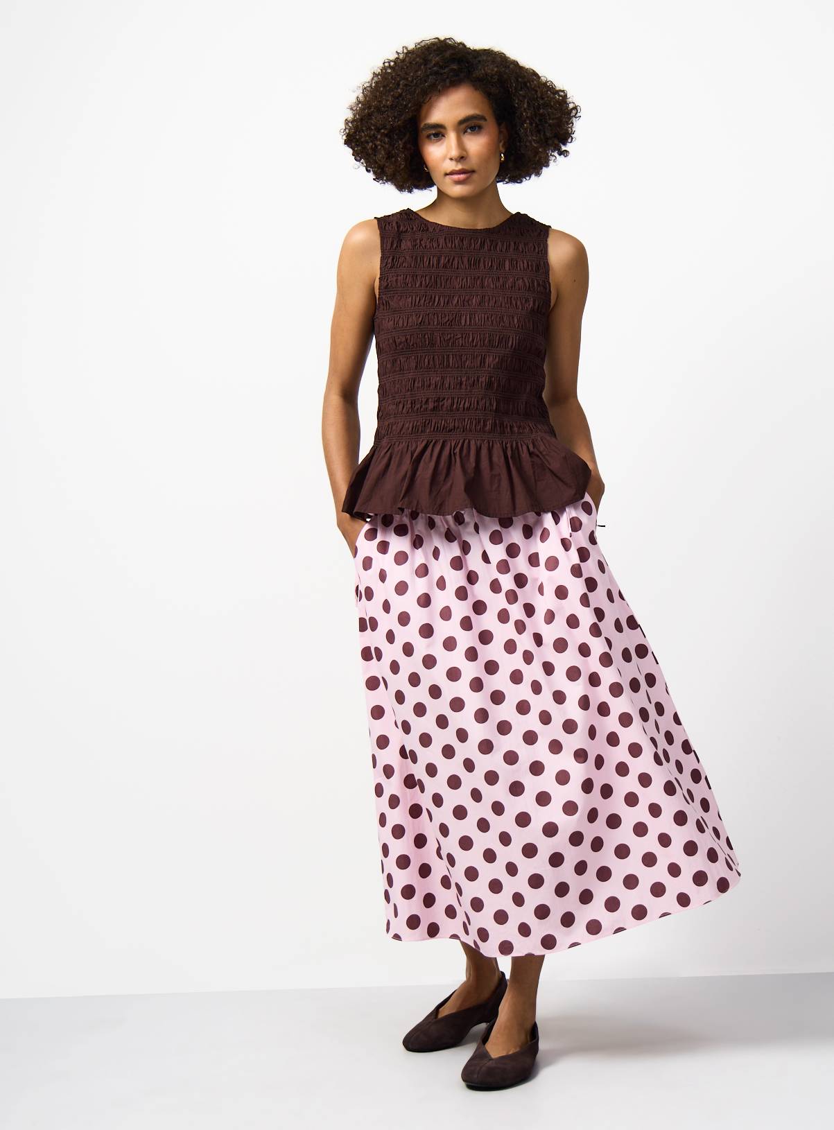 Pink Spot Shirred Tie Detail Co-ord Midaxi Skirt 12 - Image 1