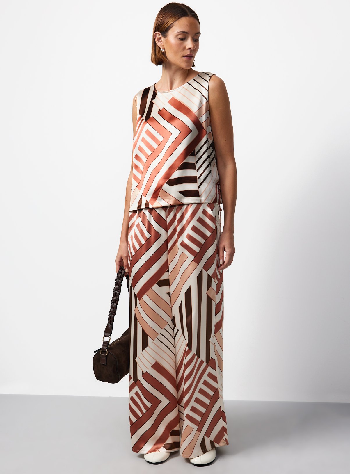 Brown Geometric Print Polyester Wide Leg Co-ord Trousers 10 - Image 3 thumbnail