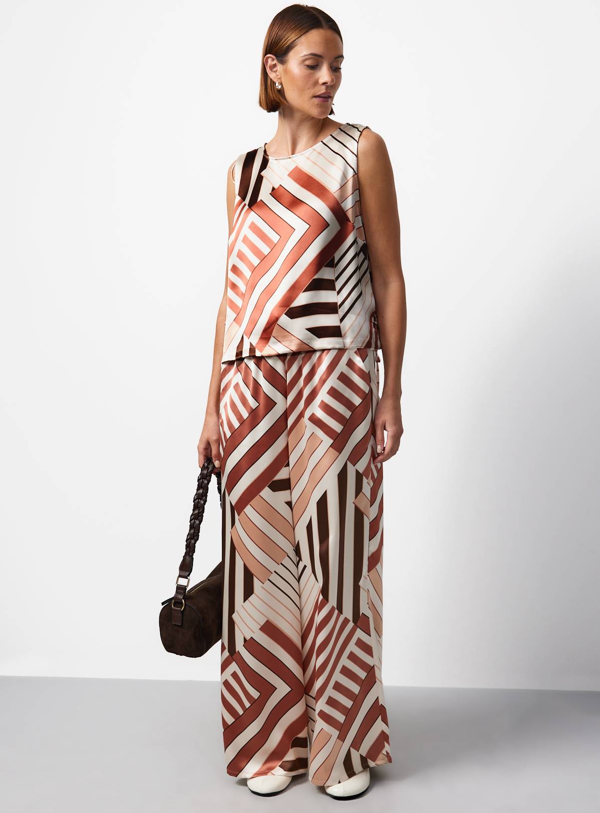 Brown Geometric Print Polyester Wide Leg Co-ord Trousers 10 - Image 3