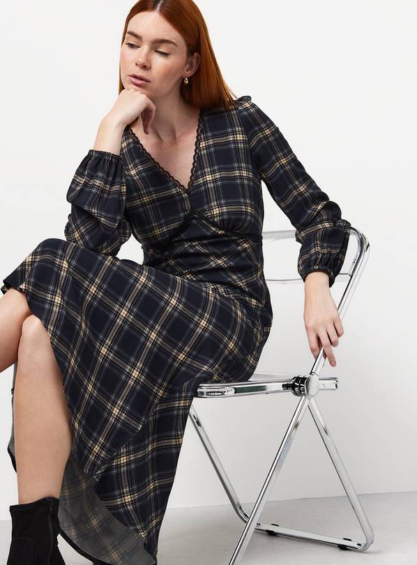 Navy Check Tea Dress Lace Trim 24