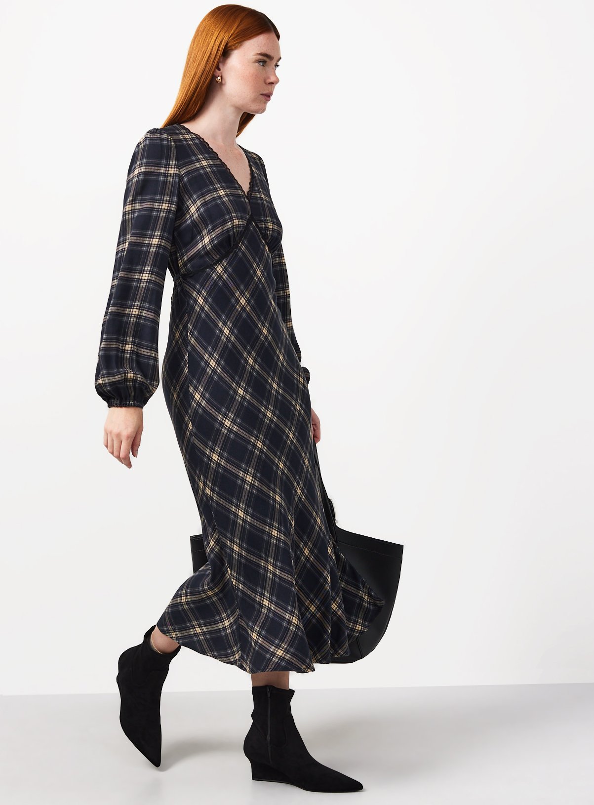 Navy Check Tea Dress Lace Trim 16 - Image 2 thumbnail