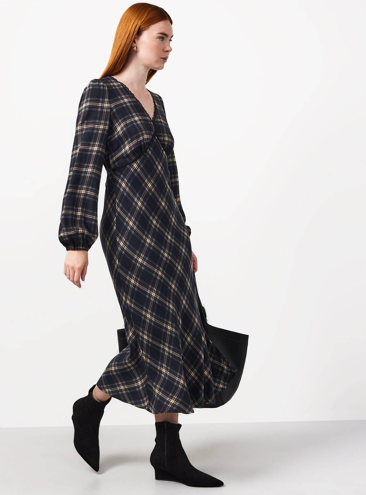 Navy Check Tea Dress Lace Trim 16 - Image 2