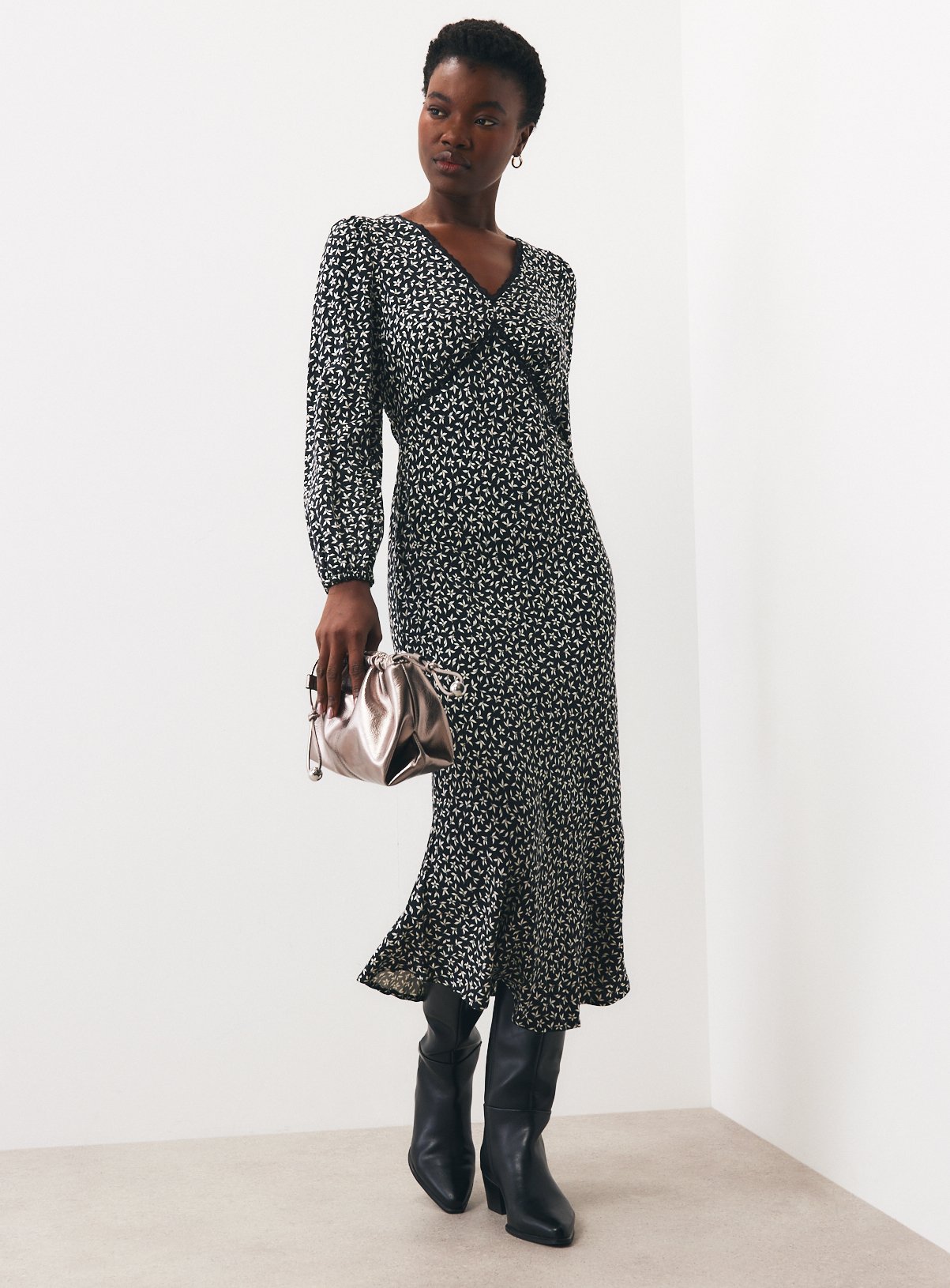 Navy Ditsy Print Lace Trim Tea Dress 8 - Image 1 thumbnail