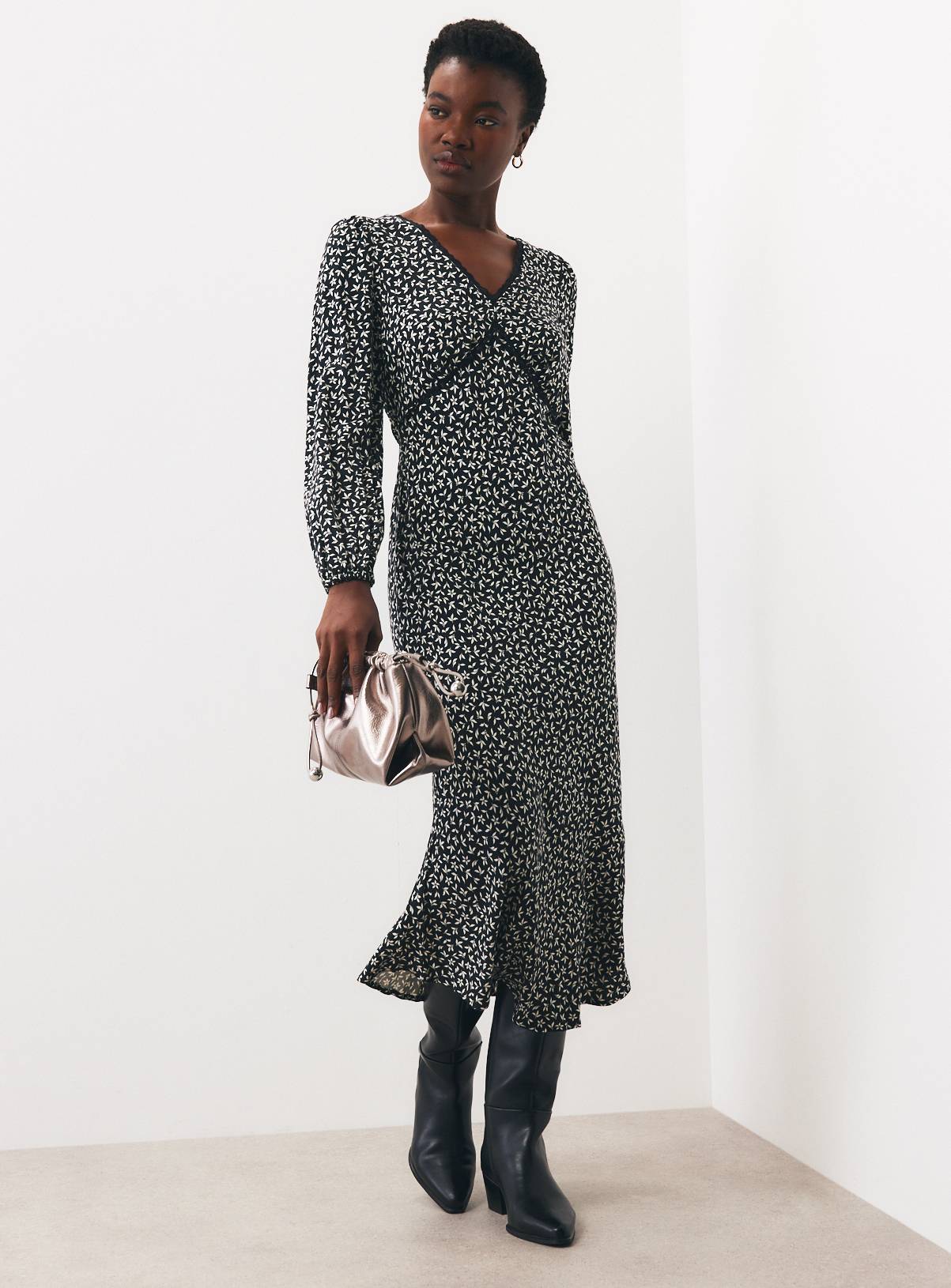 Navy Ditsy Print Lace Trim Tea Dress 8 - Image 1
