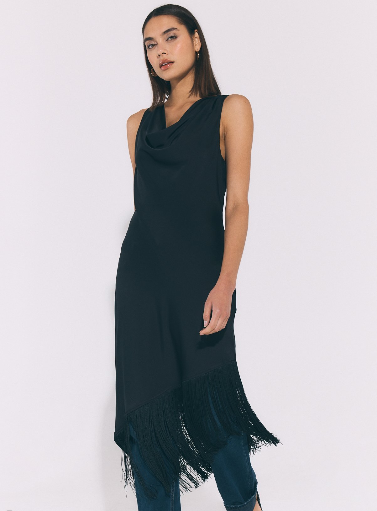 Black Satin Fringe Midi Dress 16 - Image 1 thumbnail