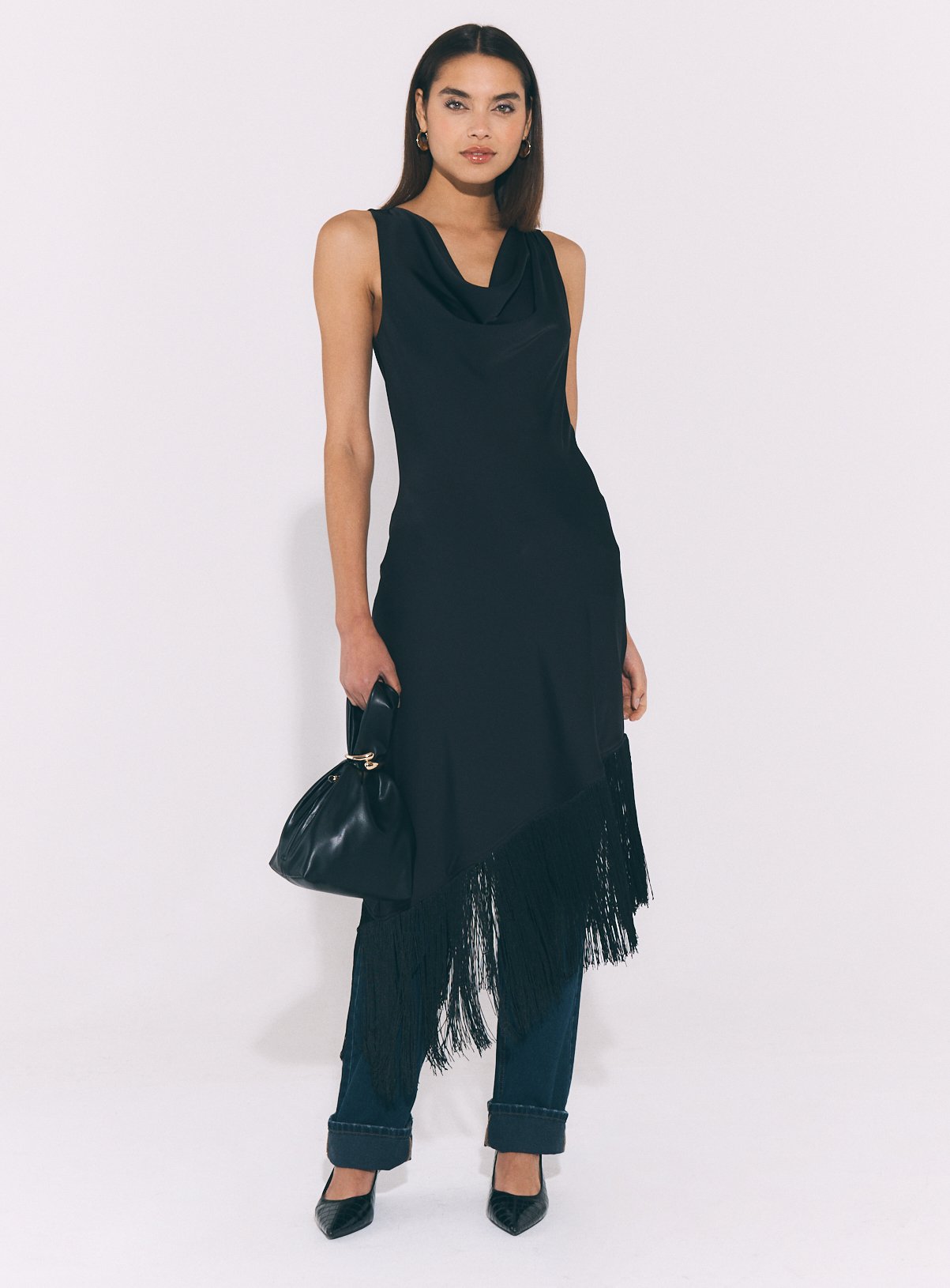 Black Satin Fringe Midi Dress 16 - Image 3 thumbnail