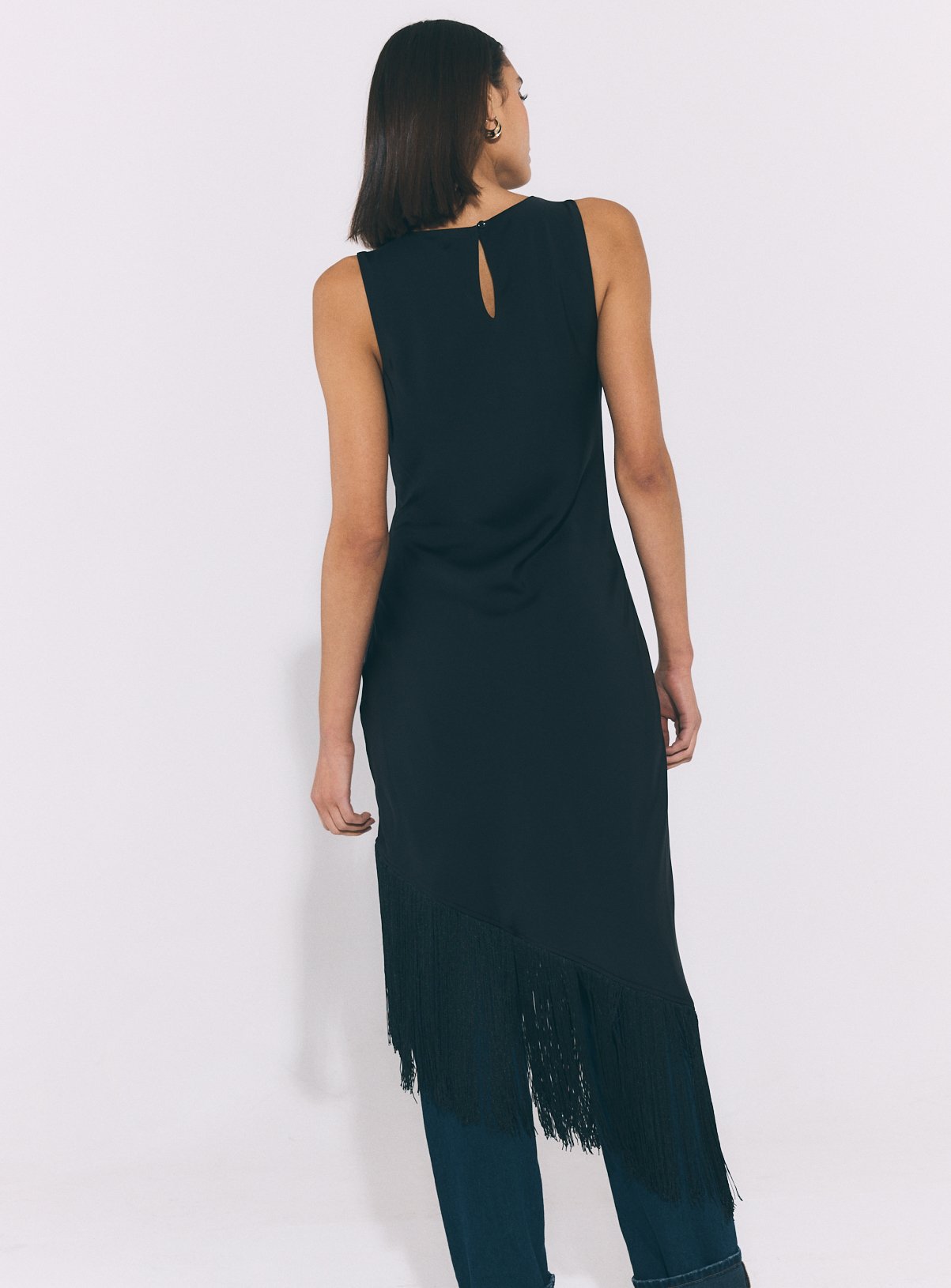 Black Satin Fringe Midi Dress 16 - Image 4 thumbnail