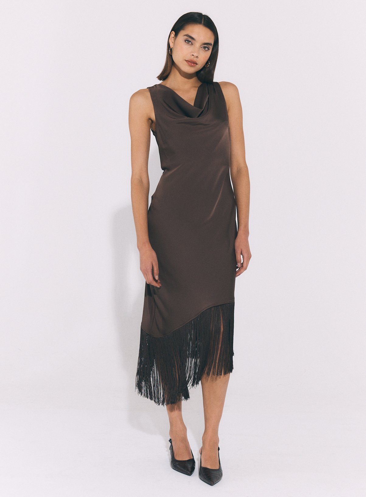 Brown Satin Fringe Mini Dress 22 - Image 1 thumbnail