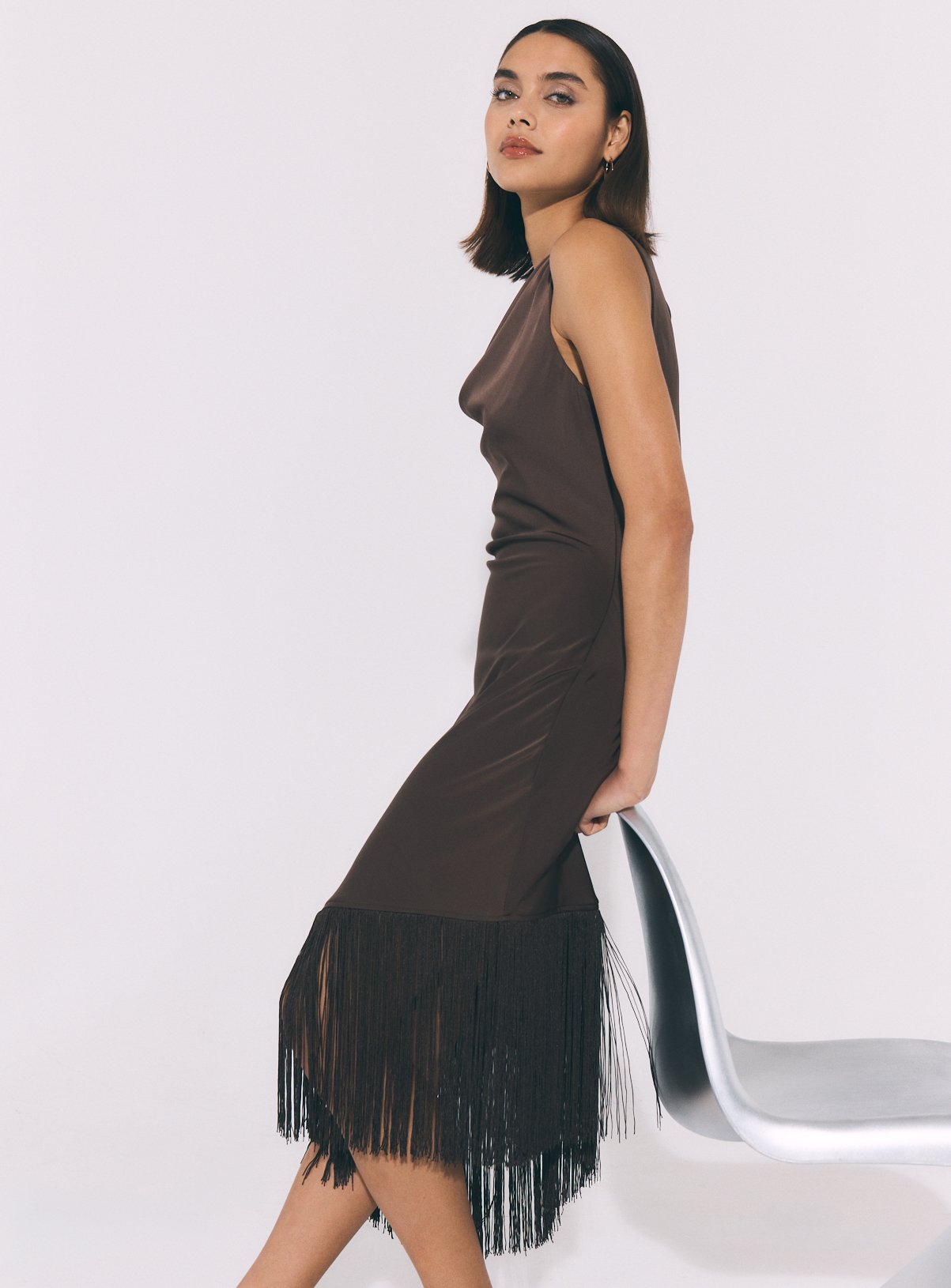 Brown Satin Fringe Mini Dress 22 - Image 2 thumbnail