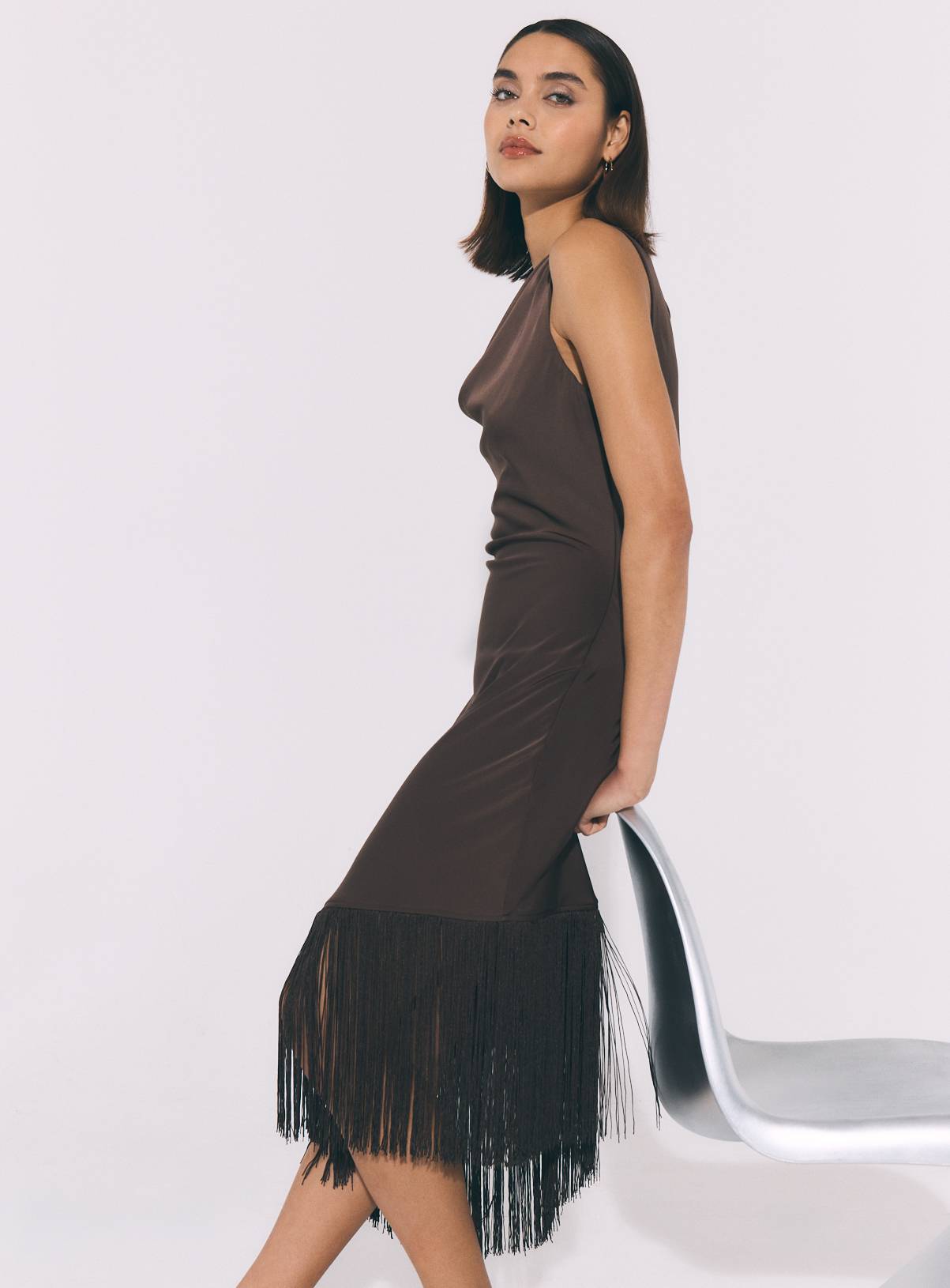 Brown Satin Fringe Mini Dress 22 - Image 2