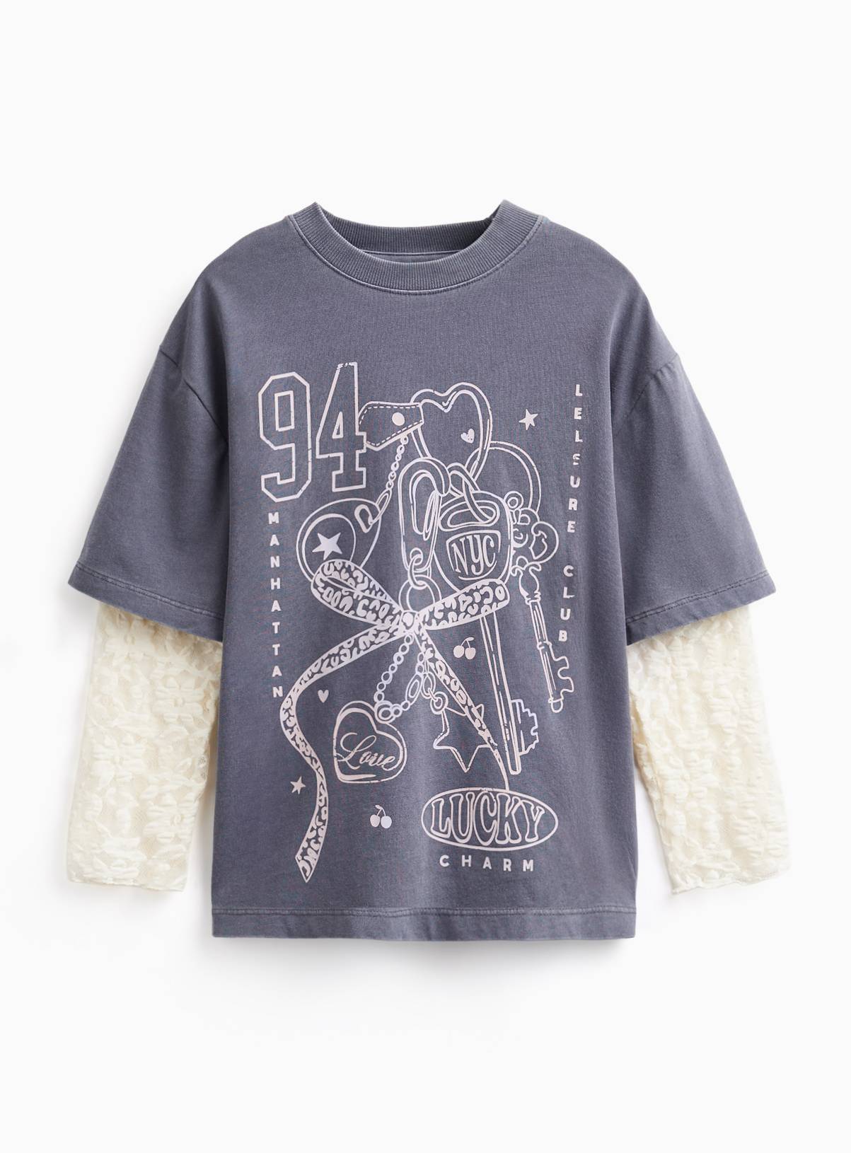Charcoal Layered Lace sleeve T-shirt 12 years - Image 2