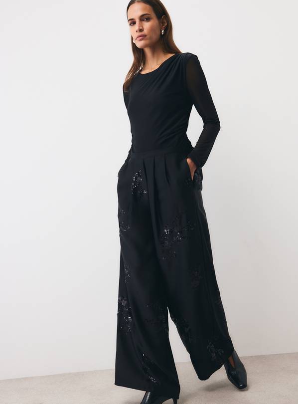 Black Satin Sequin Embroidered Wide Leg Pleated Trousers 22