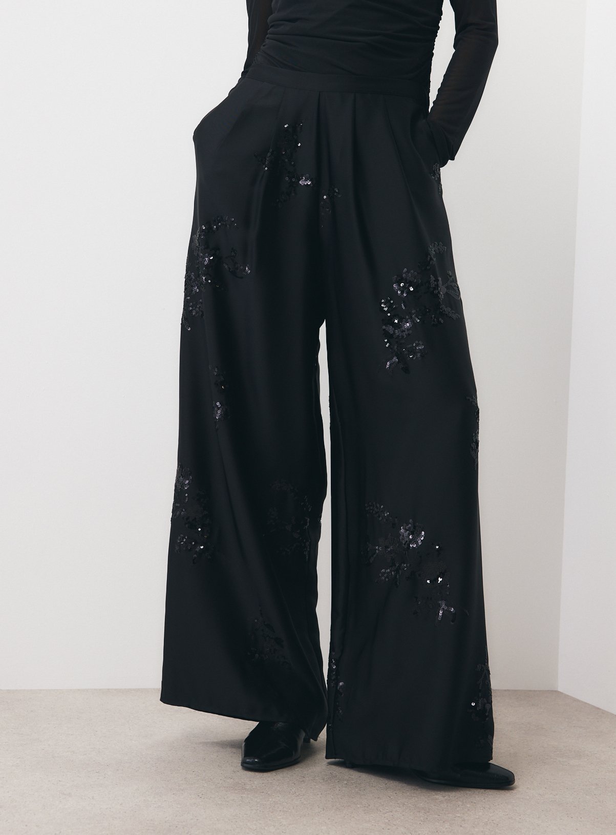 Black Satin Sequin Embroidered Wide Leg Pleated Trousers 12 - Image 2 thumbnail