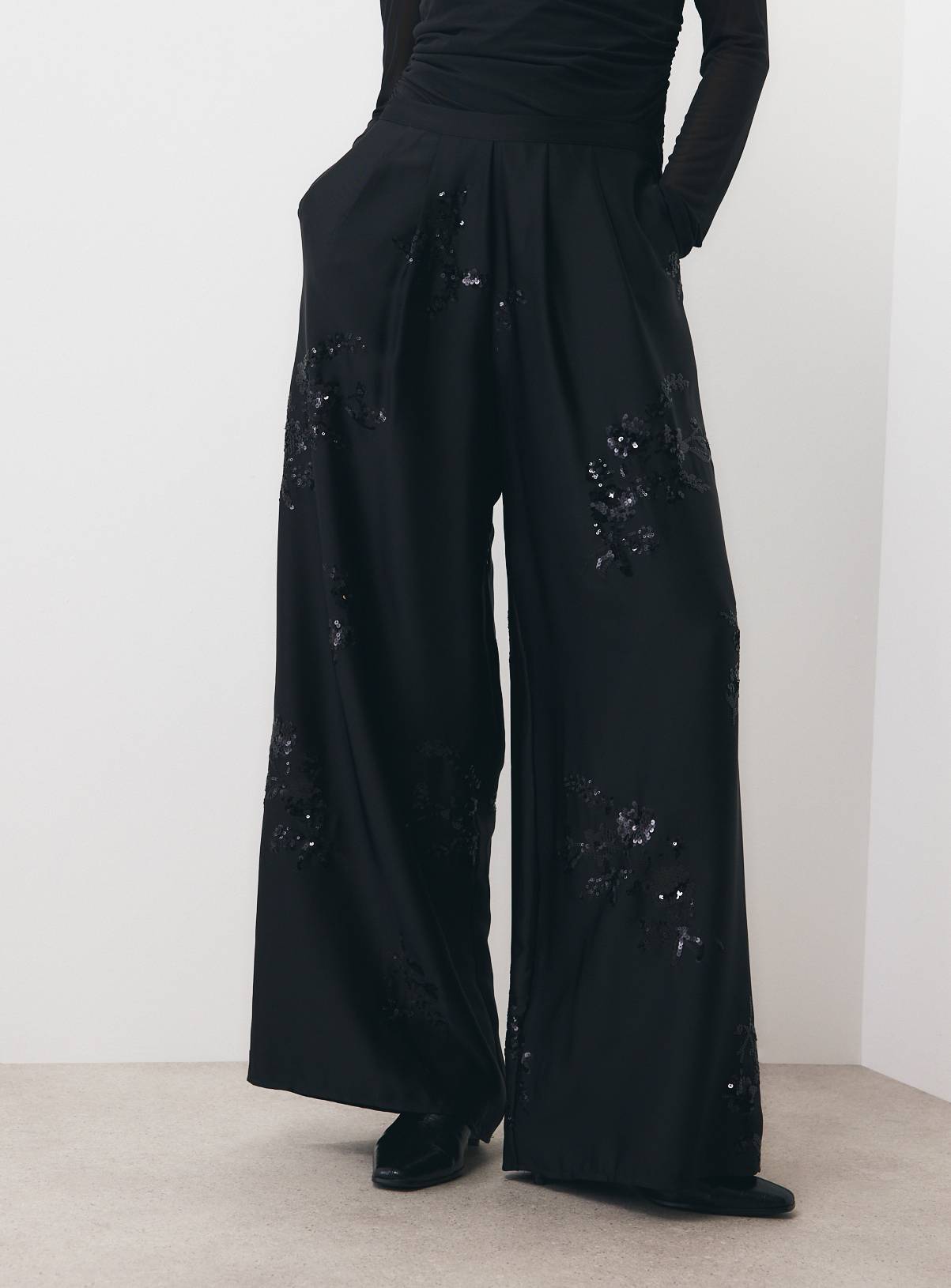 Black Satin Sequin Embroidered Wide Leg Pleated Trousers 12 - Image 2