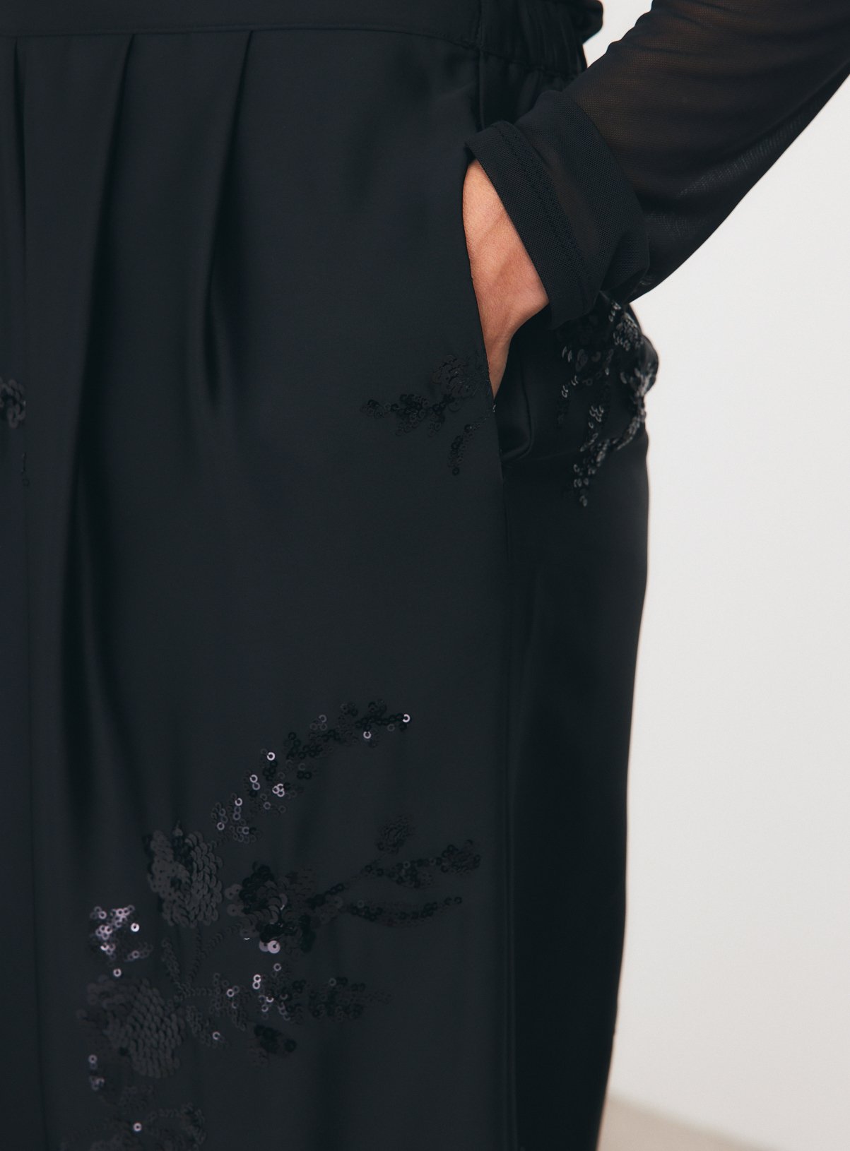 Black Satin Sequin Embroidered Wide Leg Pleated Trousers 12 - Image 3 thumbnail