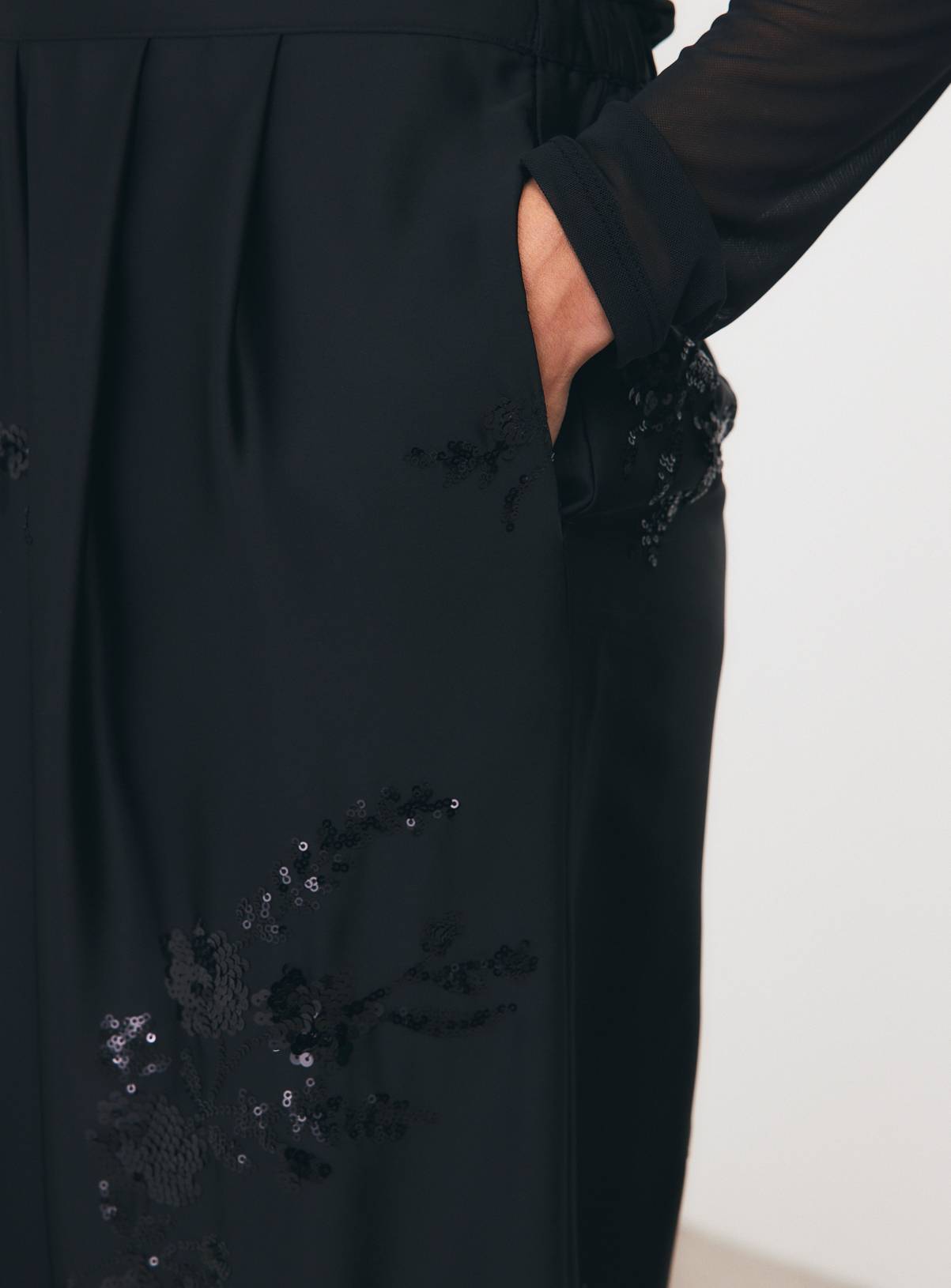 Black Satin Sequin Embroidered Wide Leg Pleated Trousers 12 - Image 3