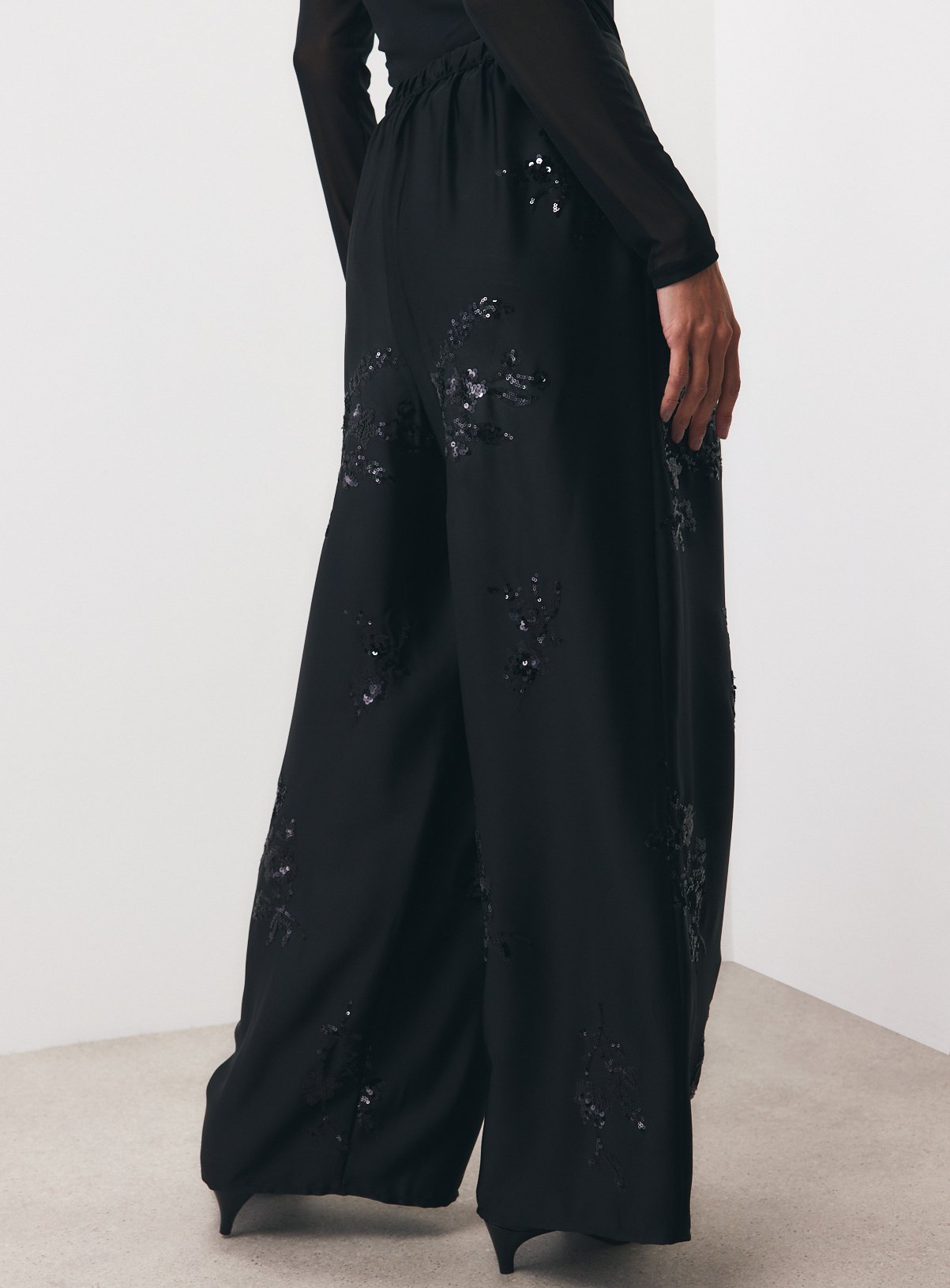 Black Satin Sequin Embroidered Wide Leg Pleated Trousers 12 - Image 4 thumbnail