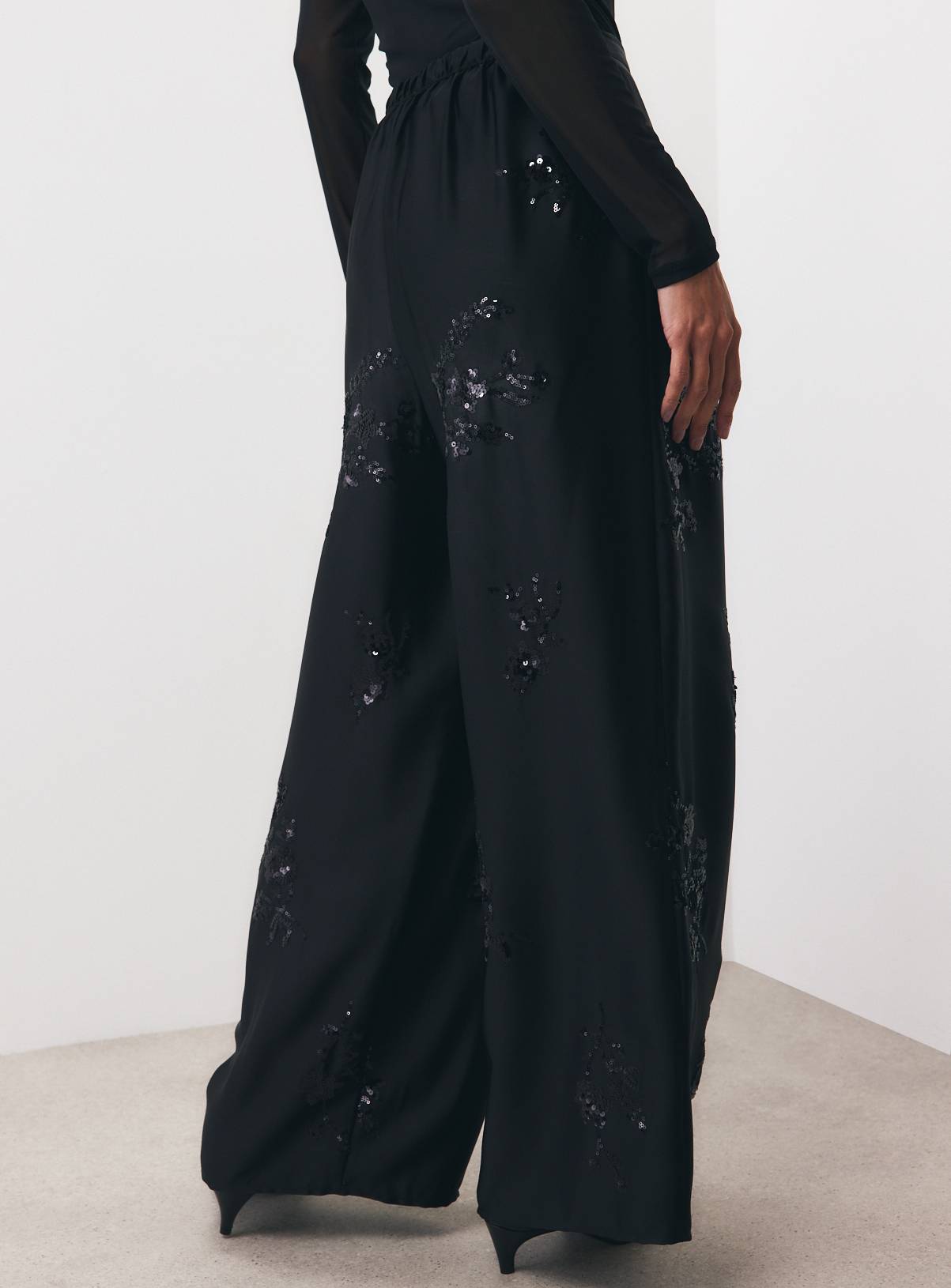 Black Satin Sequin Embroidered Wide Leg Pleated Trousers 12 - Image 4
